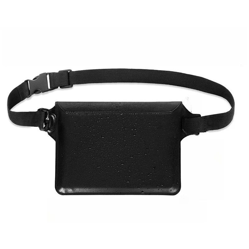Black universal waterproof phone pouch with a strap for swimming, diving, and outdoor use.