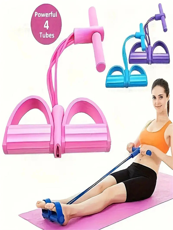 Pink resistance bands with foot pedals shown in use on a pink yoga mat.