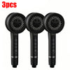 Three black high-pressure handheld shower heads with silicone nozzles displayed together.
