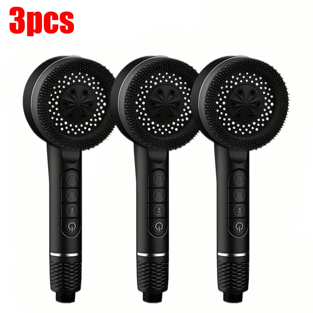 Three black high-pressure handheld shower heads with silicone nozzles displayed together.