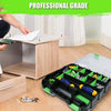 A hand places a piece of paper onto a wooden storage box filled with various tools and hardware.