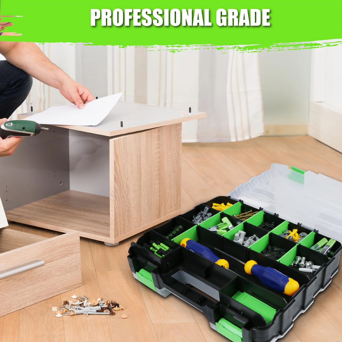 A hand places a white sheet of paper onto a wooden storage box filled with various tools and hardware.