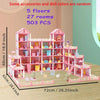 A pink dollhouse featuring five floors and twenty-seven rooms with accessories and doll colors.
