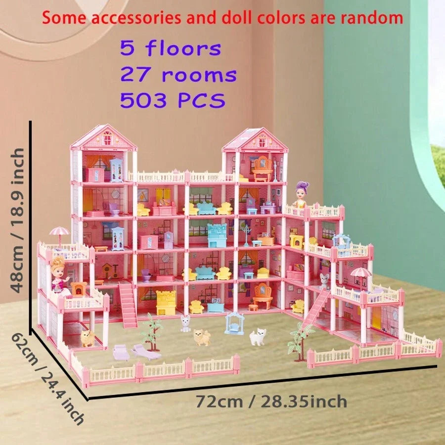 A pink dollhouse featuring five floors and twenty-seven rooms with accessories and doll colors.