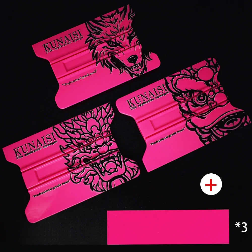 Three pink magnetic suede edge squeegees for professional grade vinyl wrap and window tint application tools