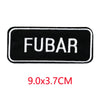 Black embroidered iron-on letter patch with the text FUBAR and dimensions 9.0x3.7cm