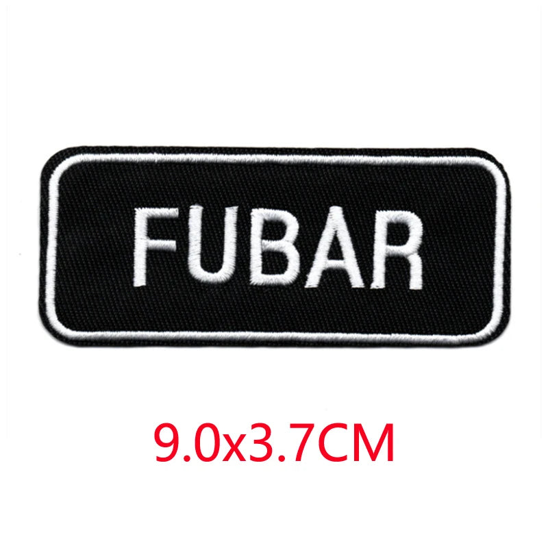 Black embroidered iron-on letter patch with the text FUBAR and dimensions 9.0x3.7cm