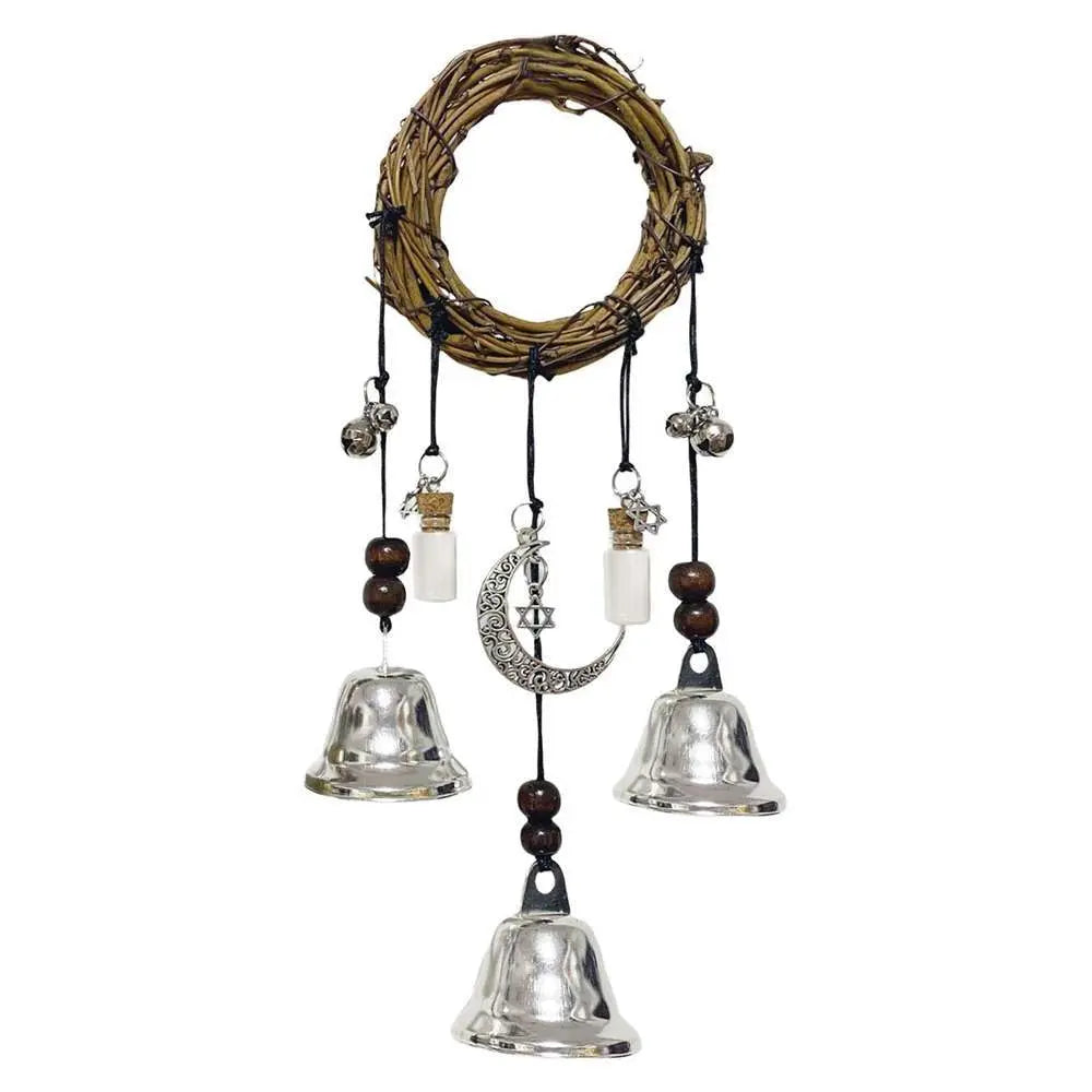 A rustic witch bells door hanger wind chime made of woven branches and silver bells.