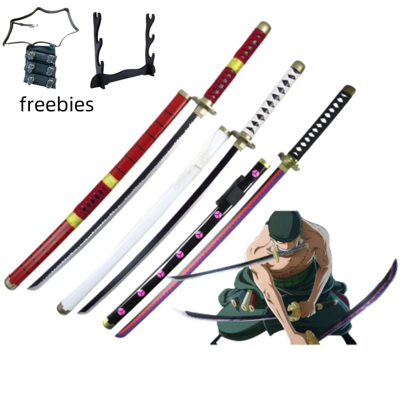 A collection of freebies including a Roronoa Zoro 41-inch katana cosplay sword and related items.