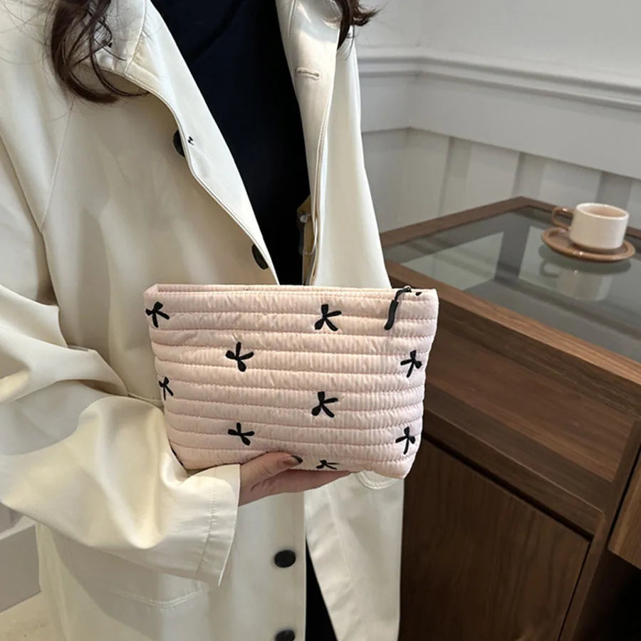 Embroidered Bow Makeup Bag with Large Capacity