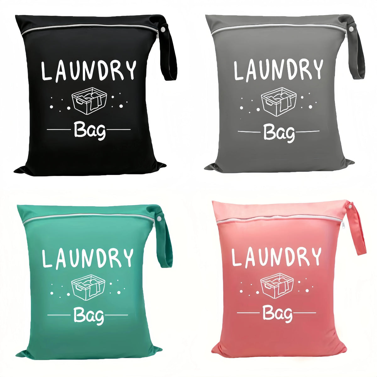 Three colored portable waterproof laundry bags labeled Laundry Bag for travel gym and beach use