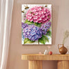 A painting features pink and purple hydrangeas with bees, suitable for a diamond painting kit.