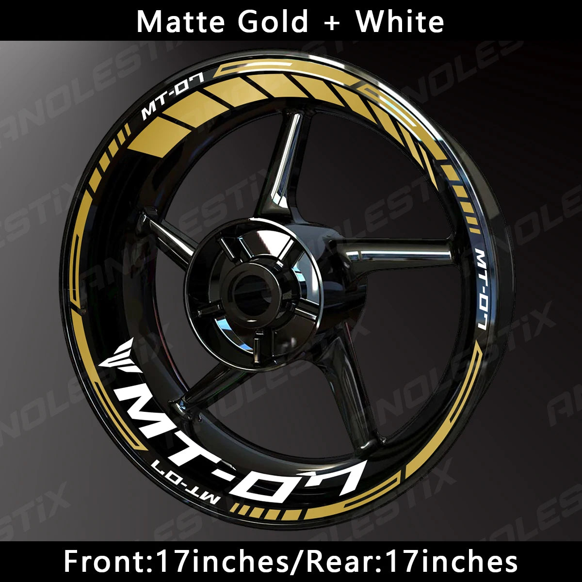 A close-up view of a motorcycle wheel featuring matte gold and white decals for the MT-07 model.