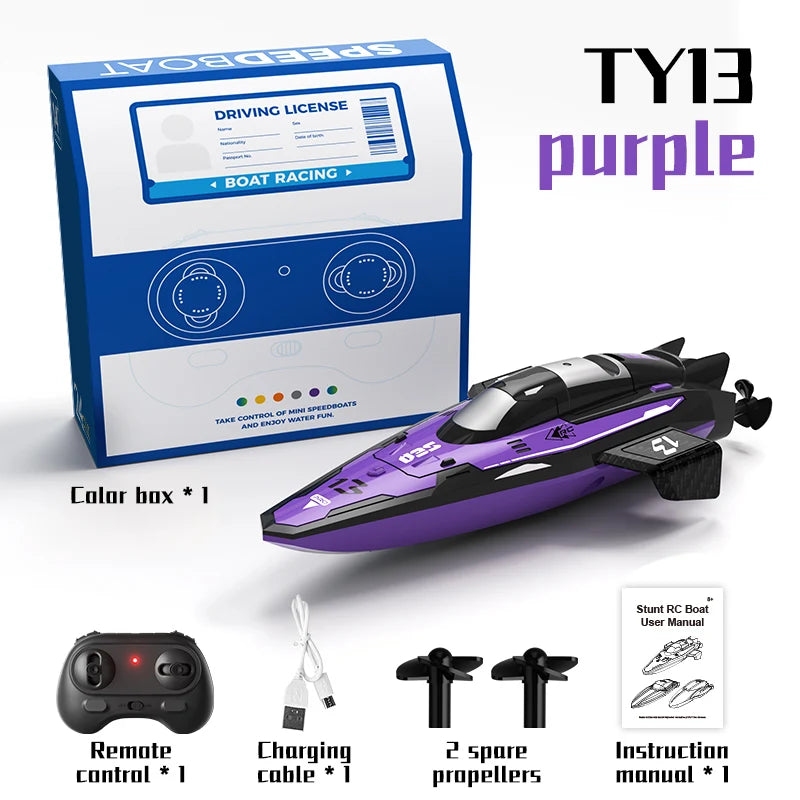 A purple high-speed RC speedboat kit includes a driving license box, remote control, charging cable, and two propellers.