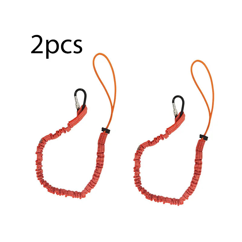 Two orange bungee tethers with carabiner hooks shown against a white background.