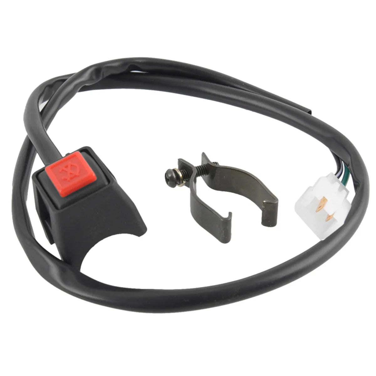 Black electrical cable with a red push button and a connector for a universal motorcycle handlebar kill switch