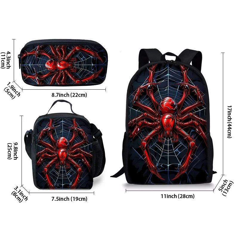 A black backpack featuring a red spider design, shown with its dimensions and a separate lunch bag.
