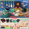 A green kids pretend play kitchen set featuring pots, pans, and various food items for cooking play.