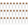 A row of small, clear glass bottles with cork stoppers arranged in a grid.
