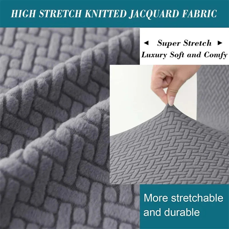 Close-up of gray high stretch knitted jacquard fabric showing a textured pattern and soft fibers.