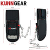 Black heavy-duty tool pouch with a belt clip and tape measure holder shown with various dimensions.