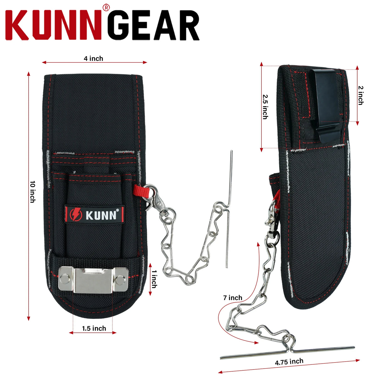 Black heavy-duty tool pouch with a belt clip and tape measure holder shown with various dimensions.