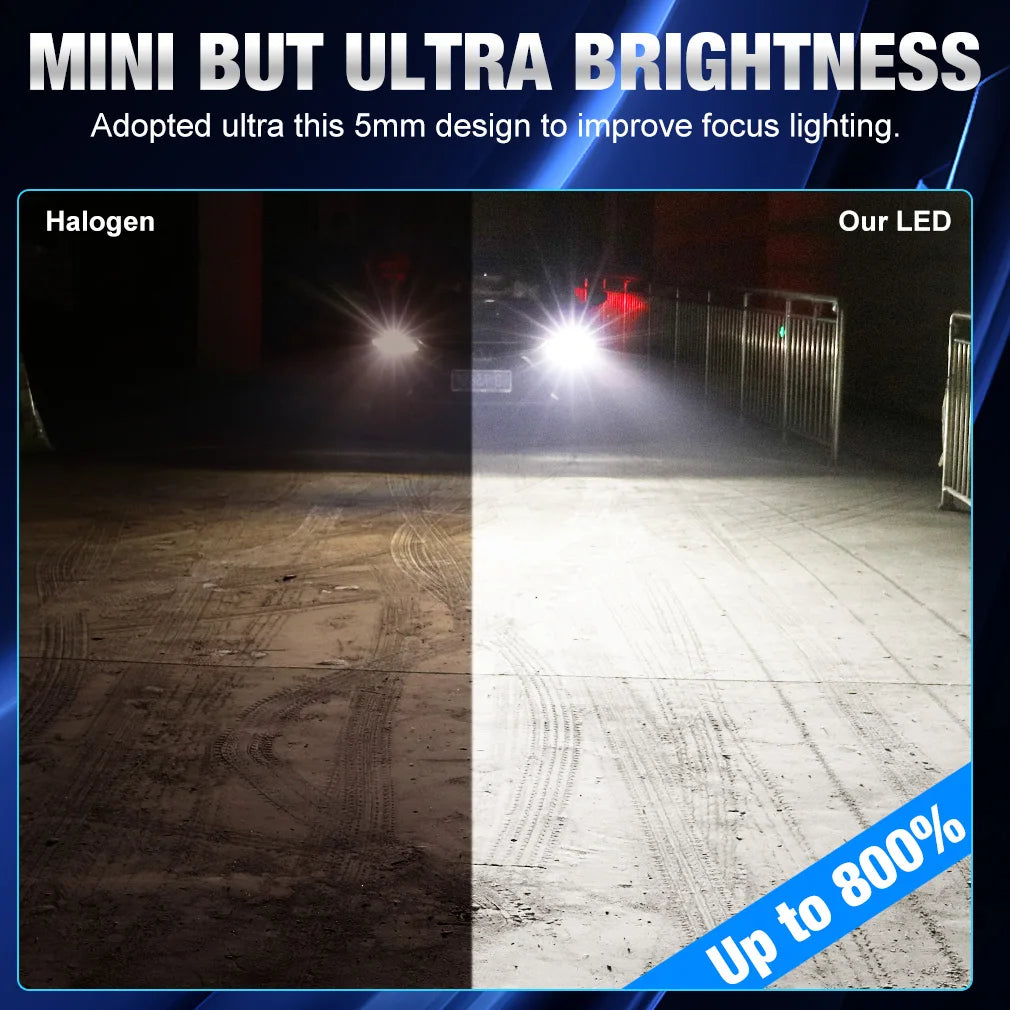 Comparison showing a halogen light and an LED light demonstrating improved focus lighting.