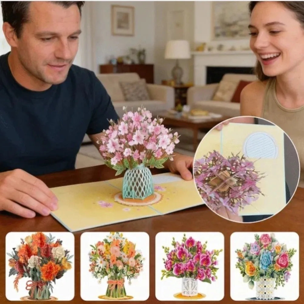 A collection of various floral bouquets and arrangements displayed on a yellow card.