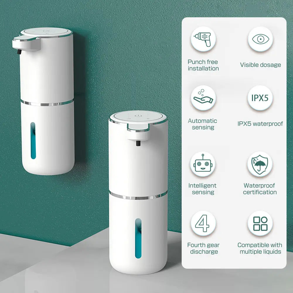 A white touchless automatic soap dispenser with various features displayed on the side.