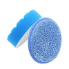 A set of blue cleaning brush heads including a sponge, scouring pad, and polishing discs.