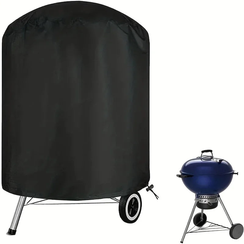 Black heavy-duty waterproof charcoal grill cover with a stand.