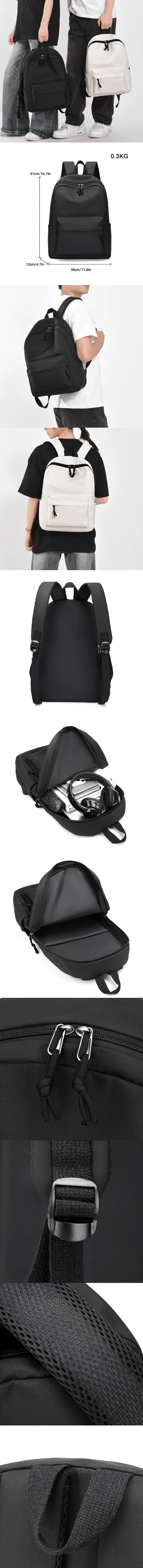 A black minimalist canvas backpack shown in various views, including on a person and isolated shots of the bag and straps.