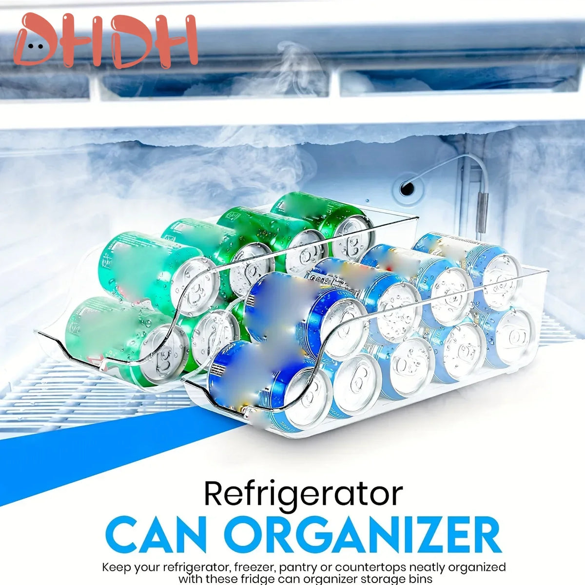 A clear plastic can organizer with multiple cans stored inside a refrigerator compartment.