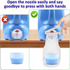 A hand easily opens a laundry detergent cup holder to dispense liquid and says goodbye to press with both hands.