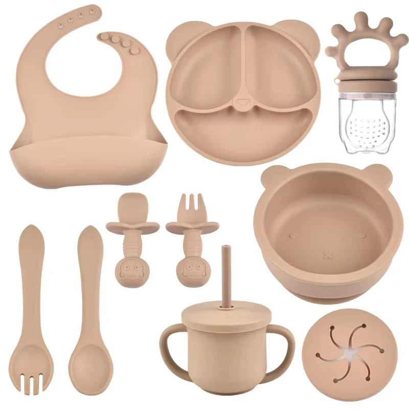 Complete Silicone Baby Feeding Set with Suction Bowl, Plate, Utensils & Bib