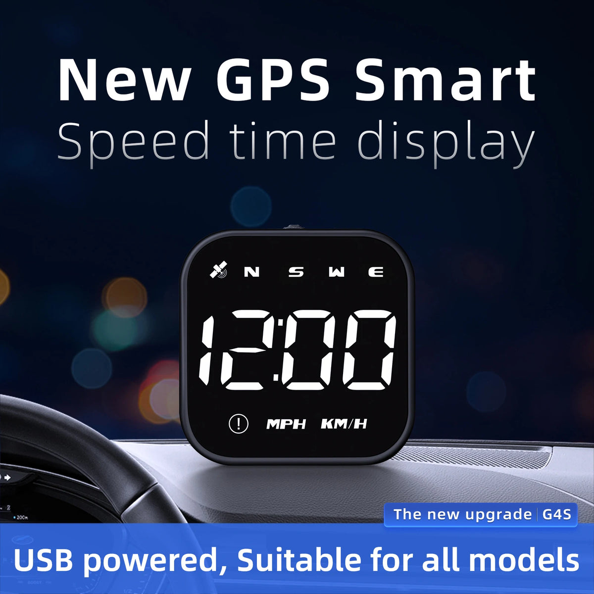 A black GPS smart speed time display mounted on a car dashboard, showing 12:00 and MPH/KM/H.