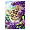 A tabby kitten looks up through a vibrant purple hydrangea flower display.