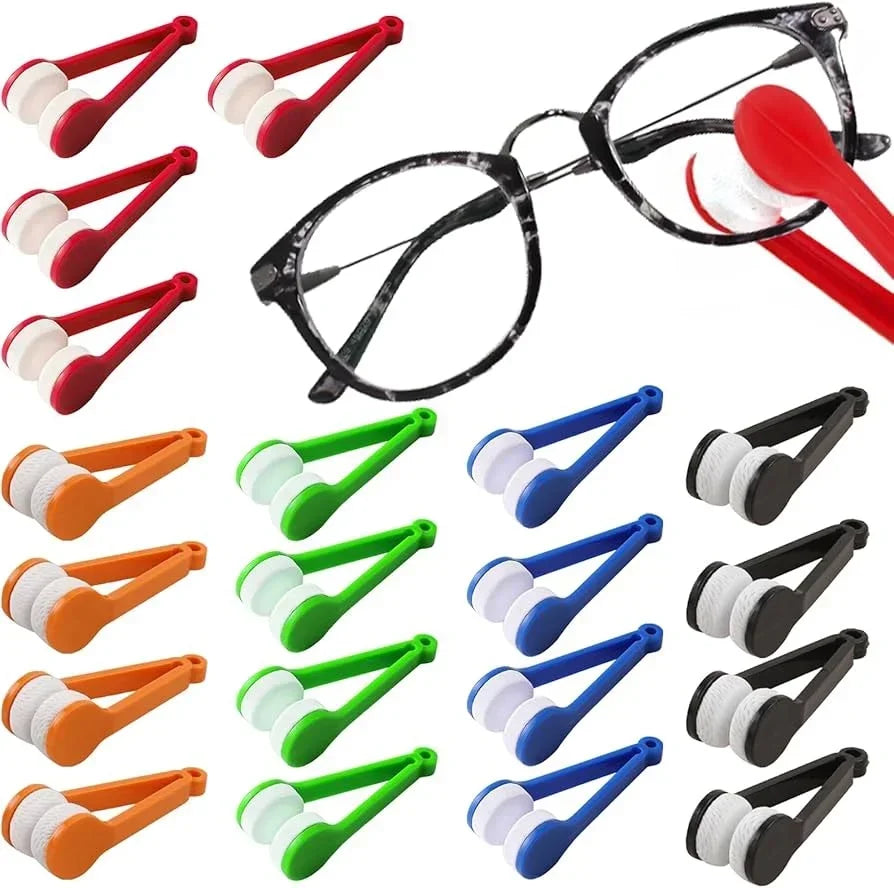 A set of microfiber glasses cleaning tools including a sleeve and various cleaning pads for eyeglasses.