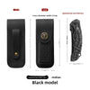 Black leather folding knife case showing front and back views with dimensions