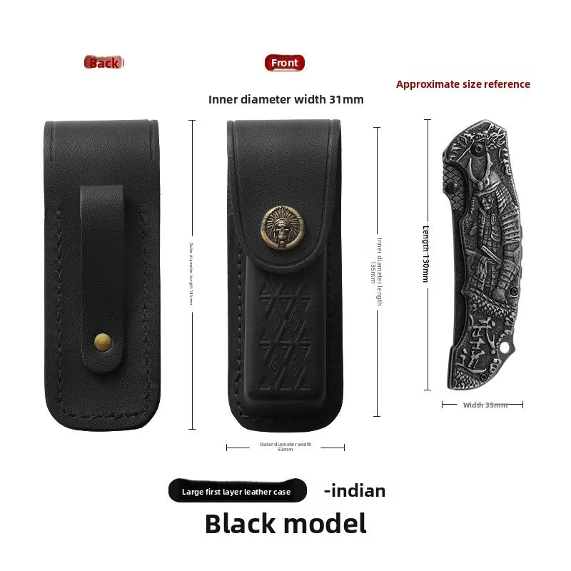 Black leather folding knife case showing front and back views with dimensions