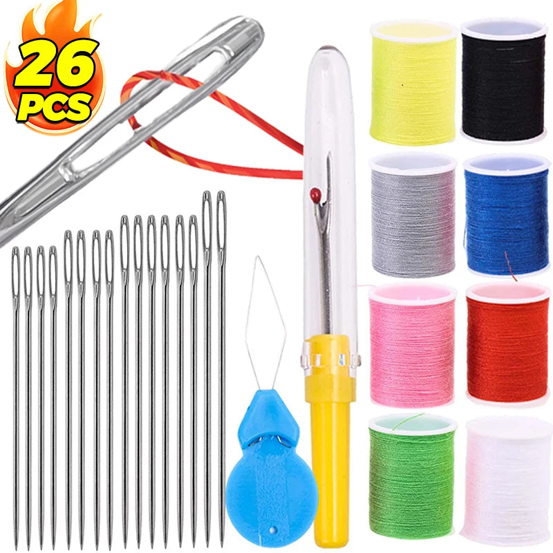 A set of stainless steel sewing needles with large eye threads and various colored threads for heavy-duty sewing.