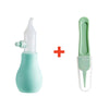 A light teal baby nasal aspirator device with a soft silicone tip and a green plastic component.