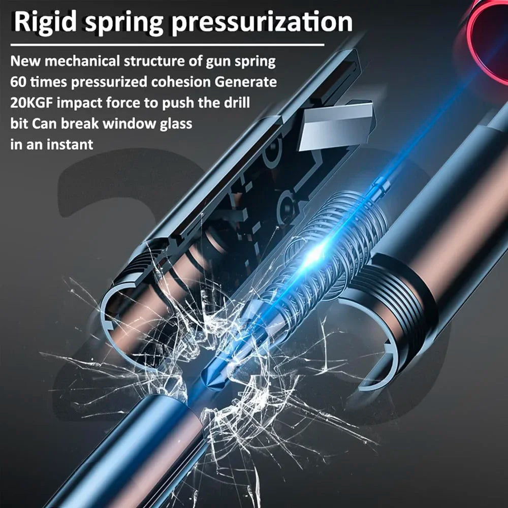 Close-up of a rigid spring pressurization tool demonstrating its impact force on glass.