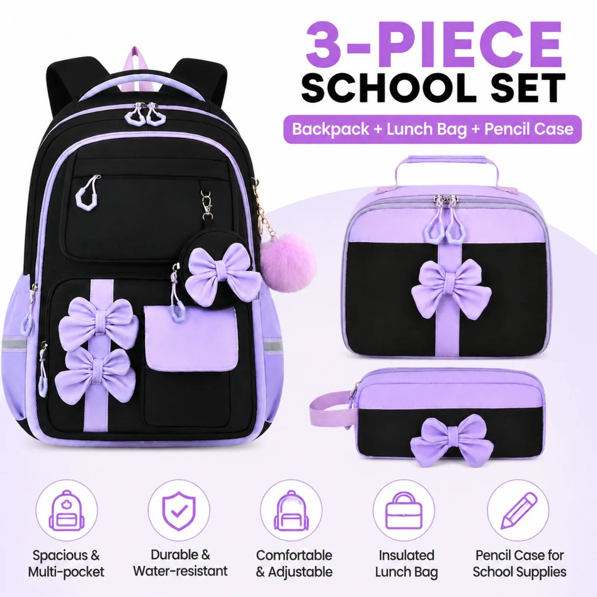 Cute 3-Piece Backpack Set for Girls with Lunch Bag & Pencil Case