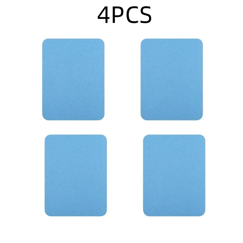 Four light blue iron-on fabric patches are displayed, ready for clothing repair or DIY decor.