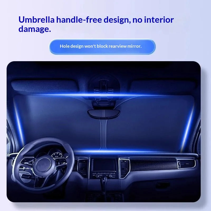 Interior view of a car showing an umbrella handle-free design for a windshield sun shade.