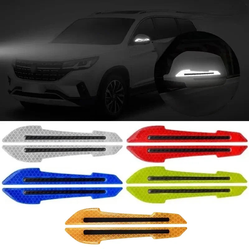 A collection of various colored reflective glow-in-the-dark bumper strips for car mirrors.