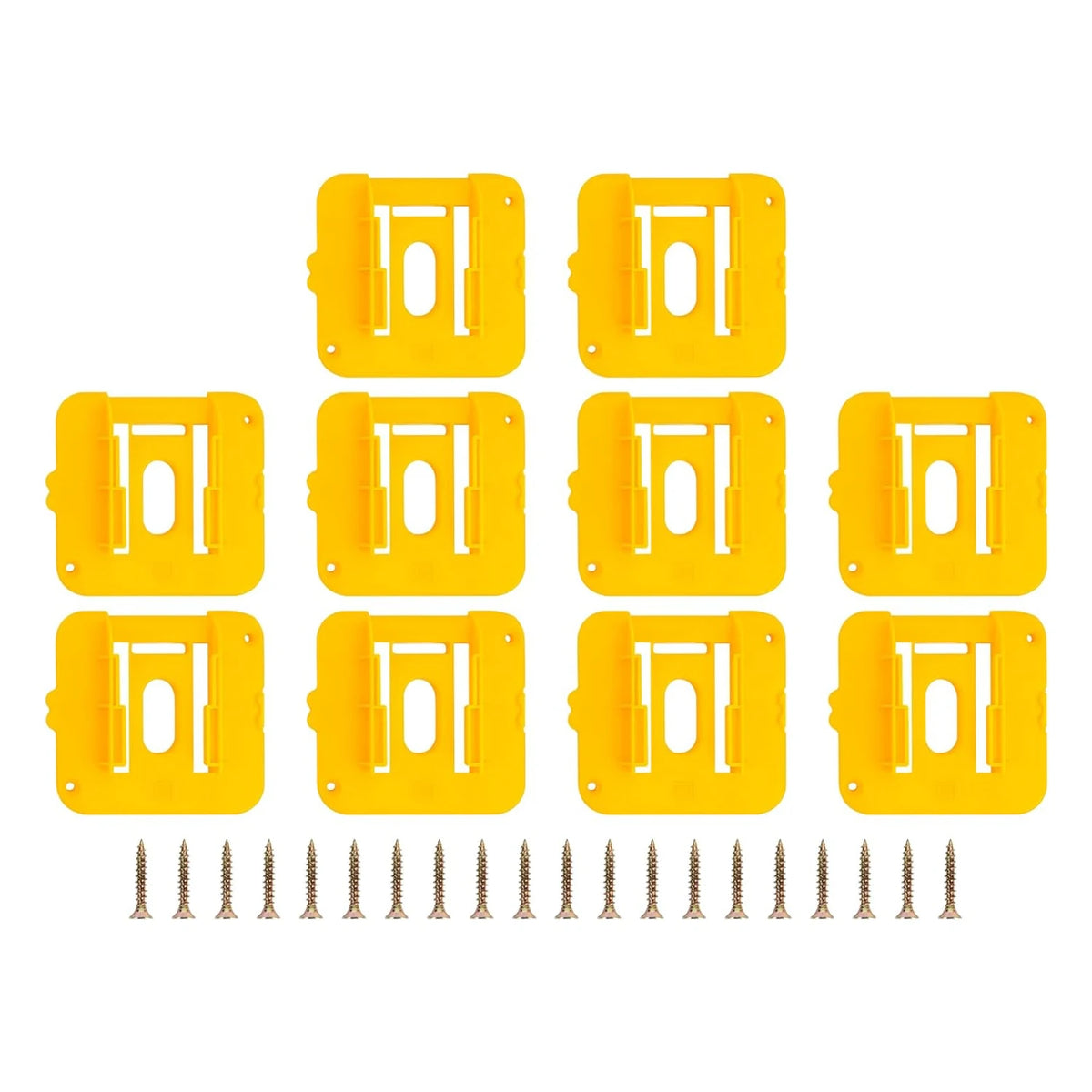 A set of yellow wall mount battery holders for Dewalt 20V DCB200 and DCB203 batteries.