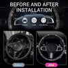 Before and after installation of a crystal rhinestone steering wheel cover showing durability, shine, and easy install.