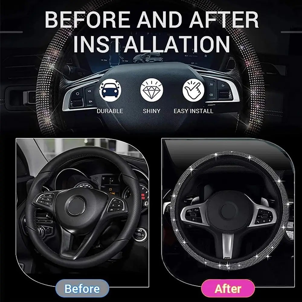 Before and after installation of a crystal rhinestone steering wheel cover showing durability, shine, and easy install.